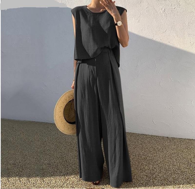 2024 Spring and Summer Cotton Linen Fashion Casual Loose Two-piece Sleeveless Top Loose Wide Leg Pants Women Apricot - Image 2