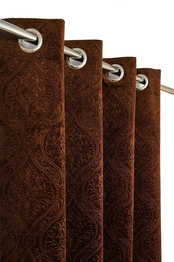VELVET EMBOSSED DAMASK FLOWER PATTERN BLACKOUT CURTAINS FOR DOOR LIVING ROOM BEDROOM HALL 5 FEET WINDOW BROWN SET OF 2