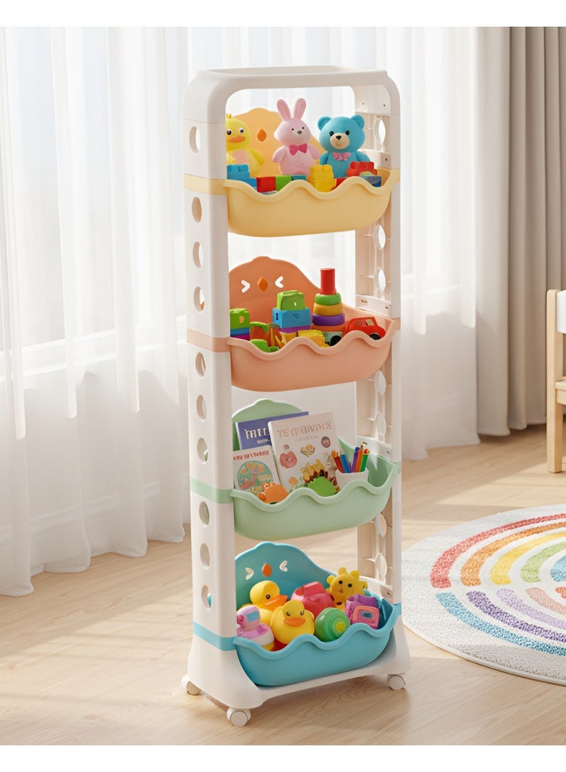 BestStore 4-Tier Kids Toy Storage Organizer with Wheels Multi-Color Plastic Bins for Playroom Bedroom and Nursery Mobile Toy Organizer for Children Toys Books Art Supplies Crafts Stationery Durable Space Saving Storage Solution for Boys and Girls - Image 1