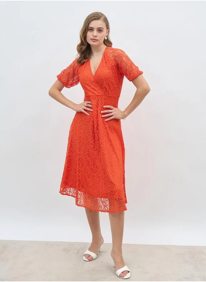 Styli Styli Solid Lace Short Sleeve Wrap Look A-Line Midi Dress