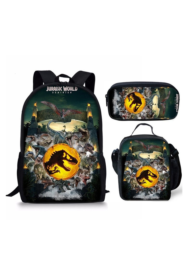 JURASSIC WORLD - New Jurassic Park Dinosaur Three piece Set with Large Capacity Backpack, Student School Bag, Lunch Bag, Pen Bag - Image 1