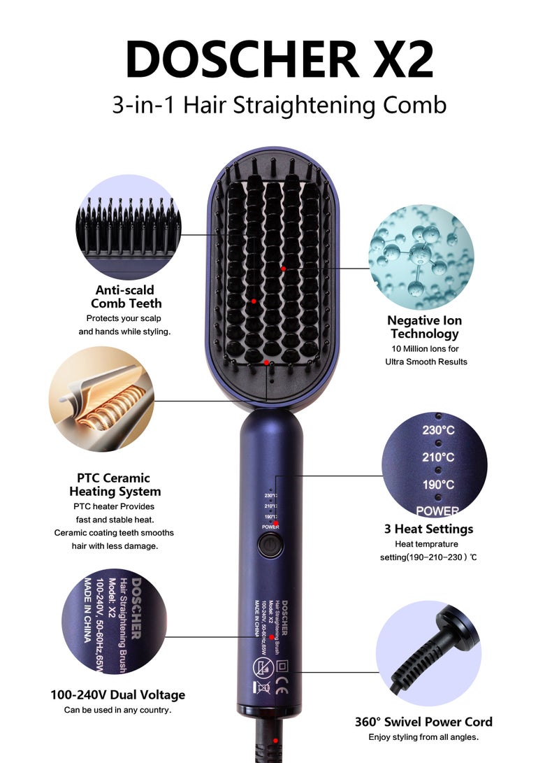 دوشر فرشاة فرد الشعر ، الشعر مع مشط مدمج 30 ثانية تسخين سيراميك سريع ، 3 إعدادات درجة الحرارة ، مضاد للحرق وإغلاق تلقائي لمدة 60 دقيقة ، مثالي لجميع أنواع الشعر (أزرق) - Image 2