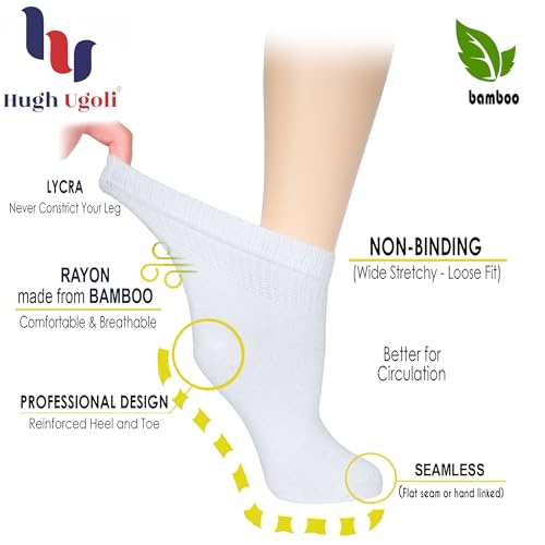 Hugh Ugoli Women's Rayon derived from Bamboo Ankle Loose Fit Diabetic Socks, Soft, Seamless Toe, Wide Stretchy, Non-Binding Top, 3 Pairs, White, Shoe Size: 6-9 - Image 2
