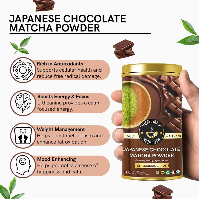 Teacurry Japanese Chocolate Matcha Powder - Brew Matcha Latte - Ceremonial Grade from Uji with Real Chocolate Powder - For Energy, Focus & Mood Enhance (100 Grams) - Image 3
