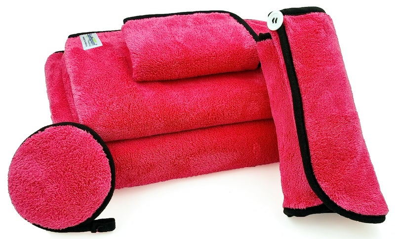 SOFTSPUN Microfiber Bath Kit 70X140cm 40X60cm 20X30cm Hair Cap with MakeupPads Combo Pack of 5 280 GSM Pink! Ultra Absorbent Super Soft & Comfortable Quick Drying for Men & Women Daily Use. - Image 1