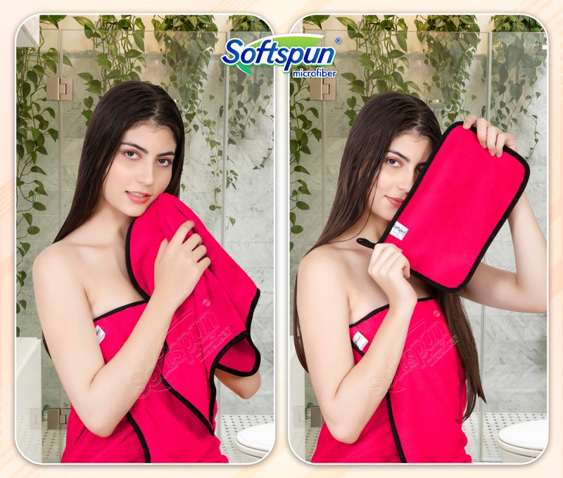 SOFTSPUN Microfiber Bath Kit 70X140cm 40X60cm 20X30cm Hair Cap with MakeupPads Combo Pack of 5 280 GSM Pink! Ultra Absorbent Super Soft & Comfortable Quick Drying for Men & Women Daily Use. - Image 4