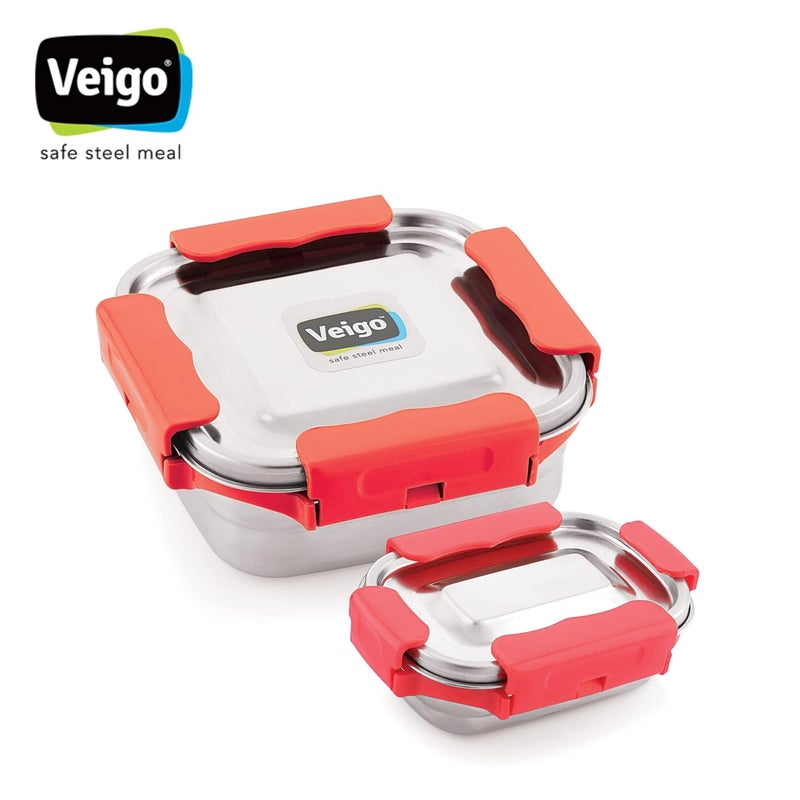 Veigo Veigo Premium Finish Maxo Series Stainless Steel Medium & Small Airtight Leak-Proof Lunch Box for Office, School, Picnic, (Medium 450 ml, Small 200ml)- Red  - Image 2