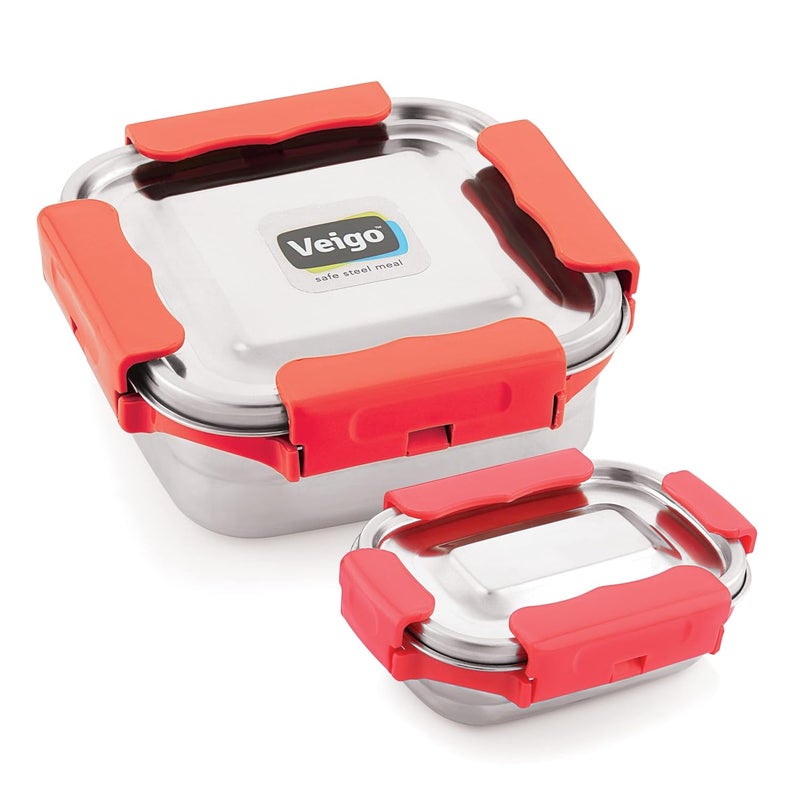 Veigo Veigo Premium Finish Maxo Series Stainless Steel Medium & Small Airtight Leak-Proof Lunch Box for Office, School, Picnic, (Medium 450 ml, Small 200ml)- Red  - Image 1
