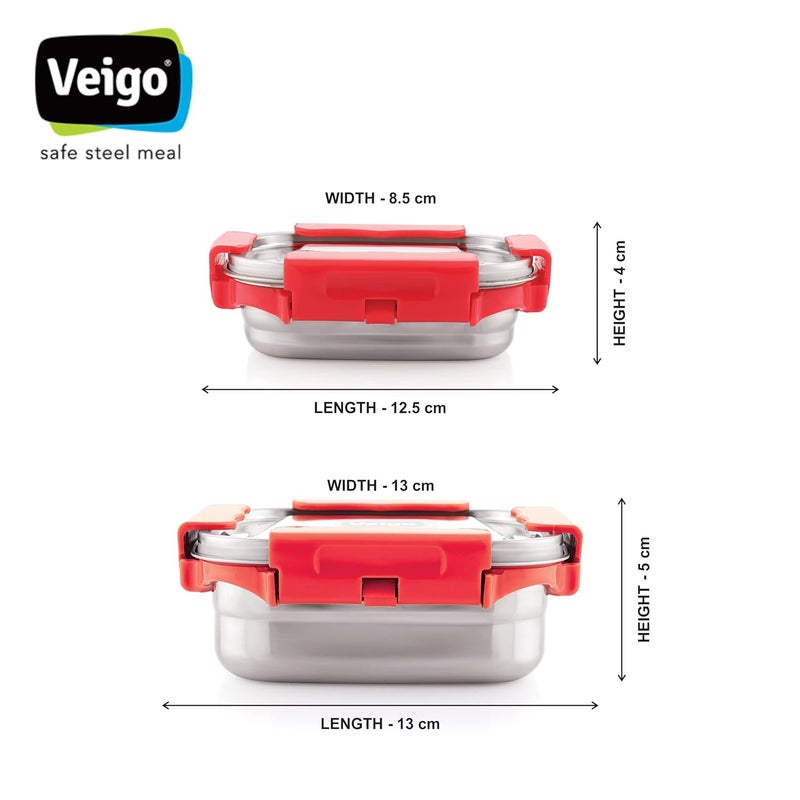 Veigo Veigo Premium Finish Maxo Series Stainless Steel Medium & Small Airtight Leak-Proof Lunch Box for Office, School, Picnic, (Medium 450 ml, Small 200ml)- Red  - Image 5