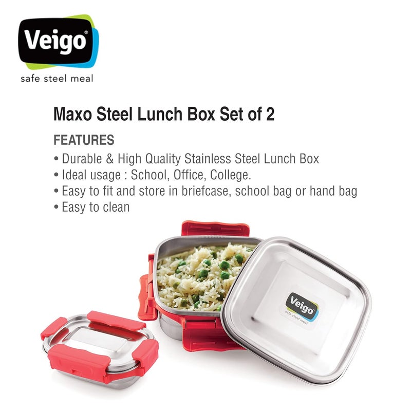 Veigo Veigo Premium Finish Maxo Series Stainless Steel Medium & Small Airtight Leak-Proof Lunch Box for Office, School, Picnic, (Medium 450 ml, Small 200ml)- Red  - Image 4