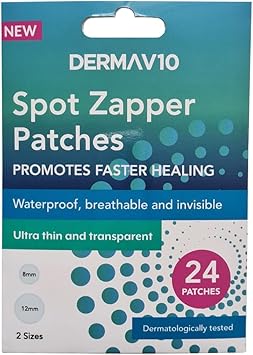 Derma V10 Spot Zapper Patches Pack Of 24 Hydrocolloid Patches To Promote Faster Healing For Blemishes And Pimples Waterproof Breathable Long Lasting Invisible Dermatologically Tested 2 Sizes - Image 1