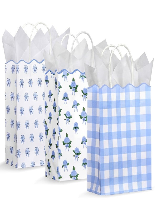 LemonSecret 24 Pcs Blue Floral Gift Bags with Handles Flower Plaid Party Favor Candy Goodie Bags with Wave Edge for Weddings Birthday Bridal Shower Party Supplies, 8.3 x 6 x 3.2 Inches - Image 1