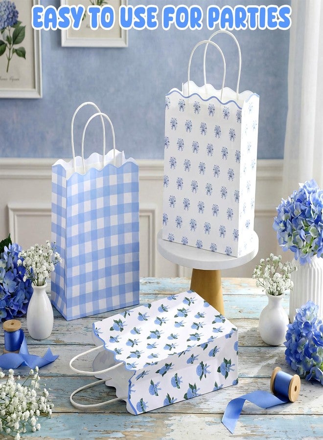 LemonSecret 24 Pcs Blue Floral Gift Bags with Handles Flower Plaid Party Favor Candy Goodie Bags with Wave Edge for Weddings Birthday Bridal Shower Party Supplies, 8.3 x 6 x 3.2 Inches - Image 4