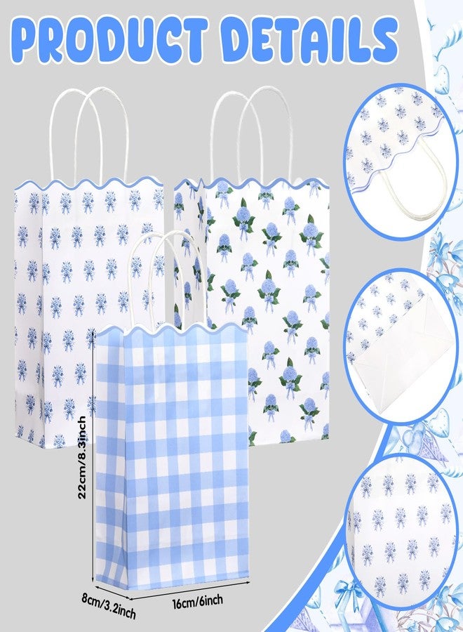 LemonSecret 24 Pcs Blue Floral Gift Bags with Handles Flower Plaid Party Favor Candy Goodie Bags with Wave Edge for Weddings Birthday Bridal Shower Party Supplies, 8.3 x 6 x 3.2 Inches - Image 3