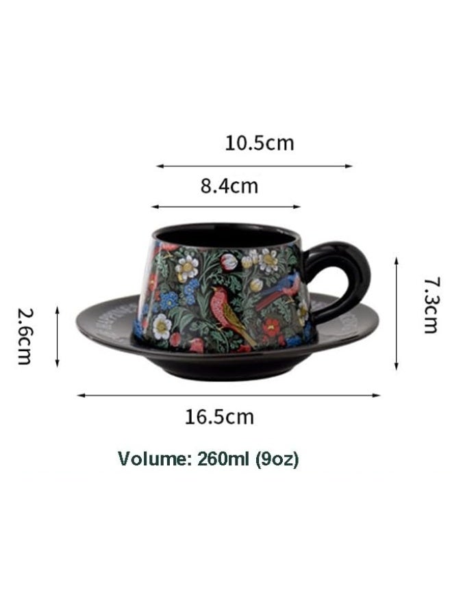 Morris Style Ceramic Cup and Saucer Set, 9oz Teacup with Saucer and spoon- Birds and Floral Pattern (Black) - Image 2