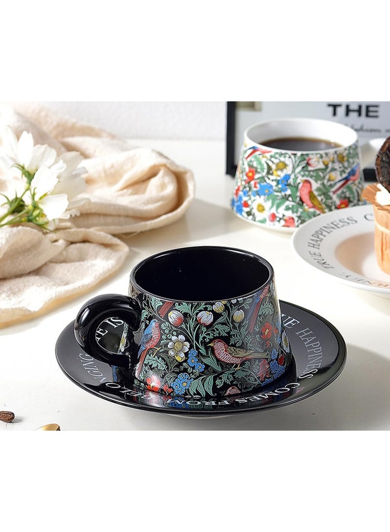 Morris Style Ceramic Cup and Saucer Set, 9oz Teacup with Saucer and spoon- Birds and Floral Pattern (Black) - Image 3