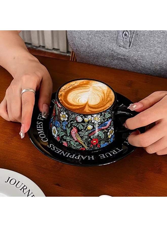 Morris Style Ceramic Cup and Saucer Set, 9oz Teacup with Saucer and spoon- Birds and Floral Pattern (Black) - Image 5