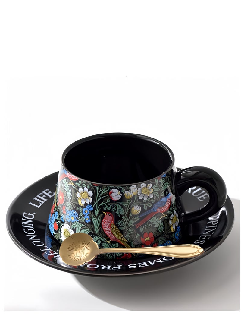 Morris Style Ceramic Cup and Saucer Set, 9oz Teacup with Saucer and spoon- Birds and Floral Pattern (Black) - Image 1