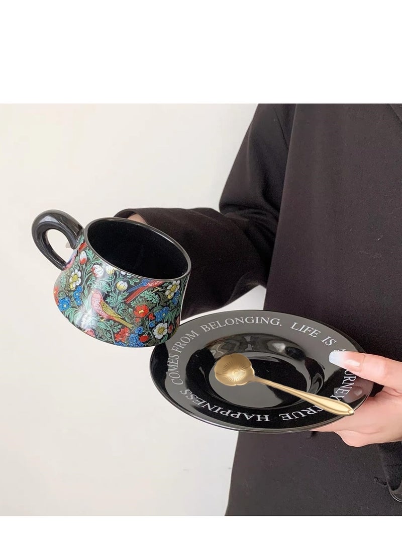 Morris Style Ceramic Cup and Saucer Set, 9oz Teacup with Saucer and spoon- Birds and Floral Pattern (Black) - Image 4