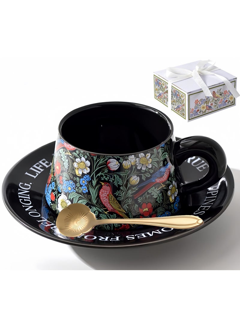 Morris Style Ceramic Cup and Saucer Set, 9oz Teacup with Saucer and spoon- Birds and Floral Pattern (Black) - Image 1