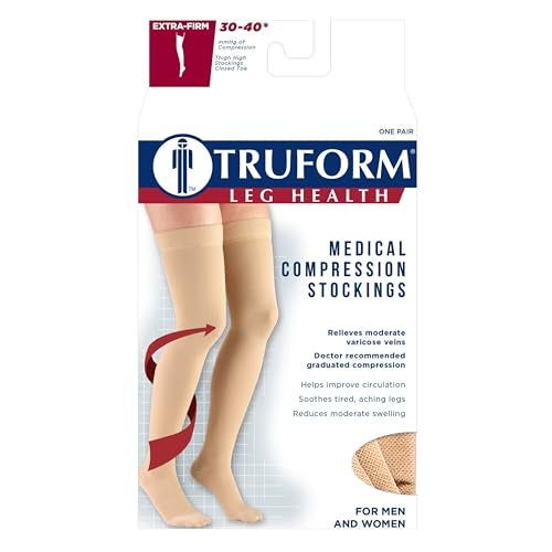 Truform جوارب ضغط Truform 30-40 مم زئبقي للرجال والنساء، بطول الفخذ، مع قمة مزخرفة، أصابع مغلقة، سوداء، متوسطة - Image 4