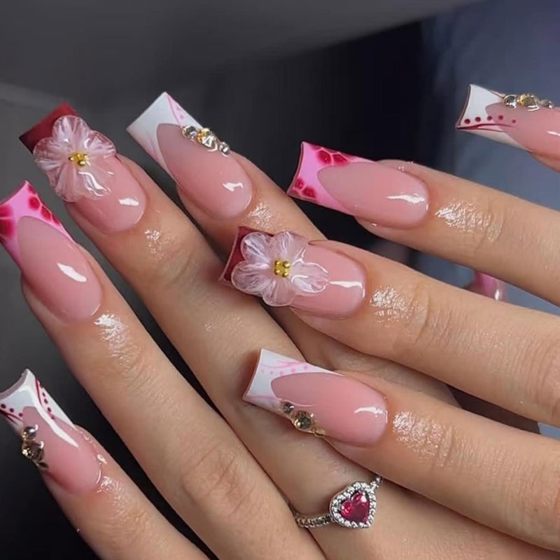 SEENEEY French Tip Press on Nails Long Square Fake Nails Press ons Red Acrylic Nail Flowers With Designs Stick on Nail for Women 24pcs - Image 1