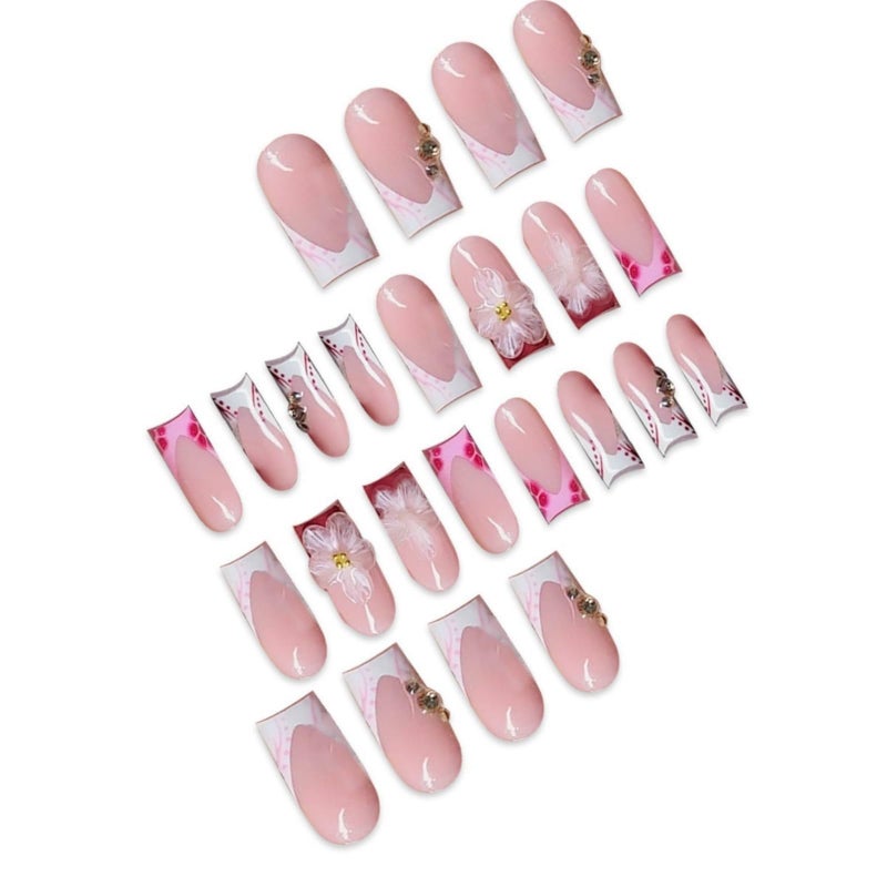 SEENEEY French Tip Press on Nails Long Square Fake Nails Press ons Red Acrylic Nail Flowers With Designs Stick on Nail for Women 24pcs - Image 2