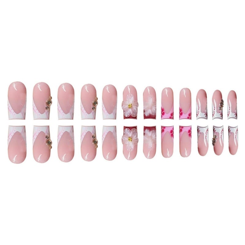 SEENEEY French Tip Press on Nails Long Square Fake Nails Press ons Red Acrylic Nail Flowers With Designs Stick on Nail for Women 24pcs - Image 3