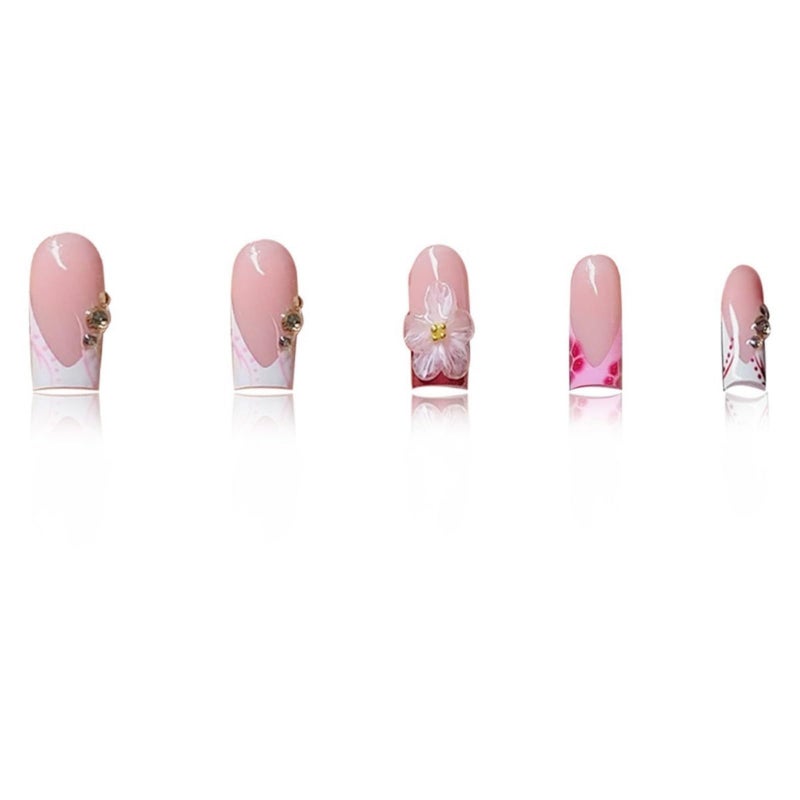 SEENEEY French Tip Press on Nails Long Square Fake Nails Press ons Red Acrylic Nail Flowers With Designs Stick on Nail for Women 24pcs - Image 4