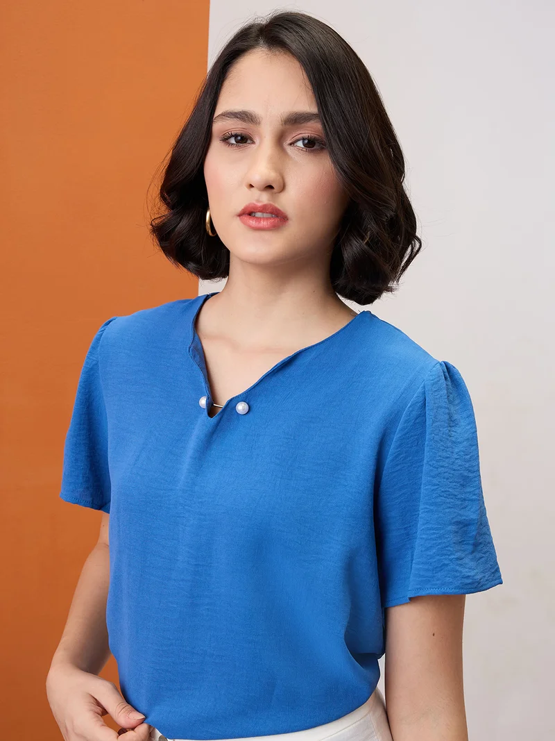 Women Blue V-Neck Puff Sleeves Solid Pearl Detail Top