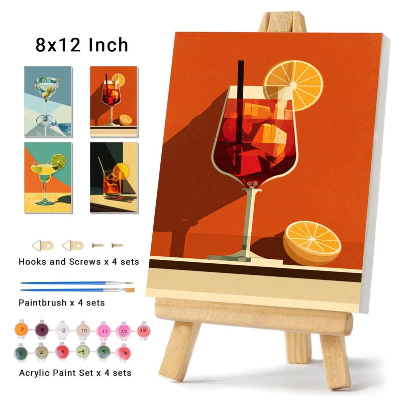 obterie 4 Pack Framed Paint by Numbers Kit for Adults Beginner Canvas Painting by Numbers for Adults Cocktail Easy Adult Paint by Number Kits with Frame Cocktails Art Watercolor Painting by Number 8x12 Inch - Image 2