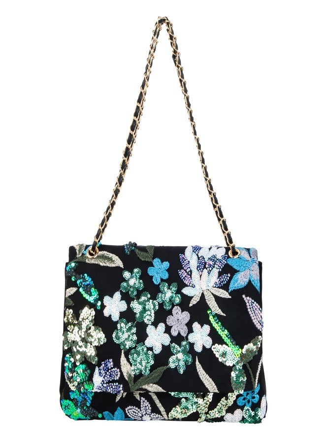 Abvokury Sequin Embroidered Floral Shoulder Bag, Black and Gold Chain Underarm Purse Evening Clutch for Wedding Party - Image 2