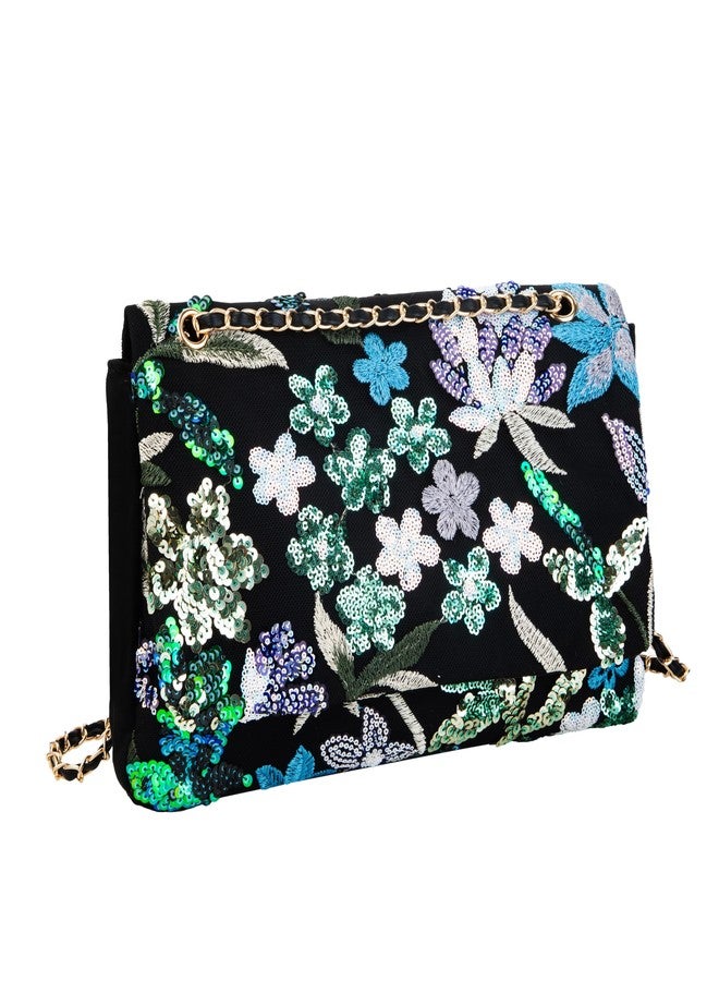 Abvokury Sequin Embroidered Floral Shoulder Bag, Black and Gold Chain Underarm Purse Evening Clutch for Wedding Party - Image 1