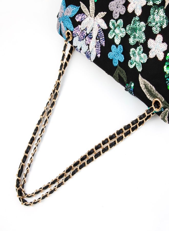 Abvokury Sequin Embroidered Floral Shoulder Bag, Black and Gold Chain Underarm Purse Evening Clutch for Wedding Party - Image 5
