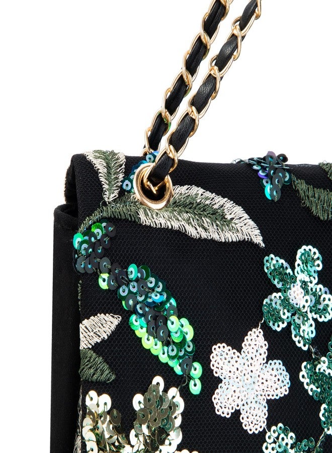 Abvokury Sequin Embroidered Floral Shoulder Bag, Black and Gold Chain Underarm Purse Evening Clutch for Wedding Party - Image 3