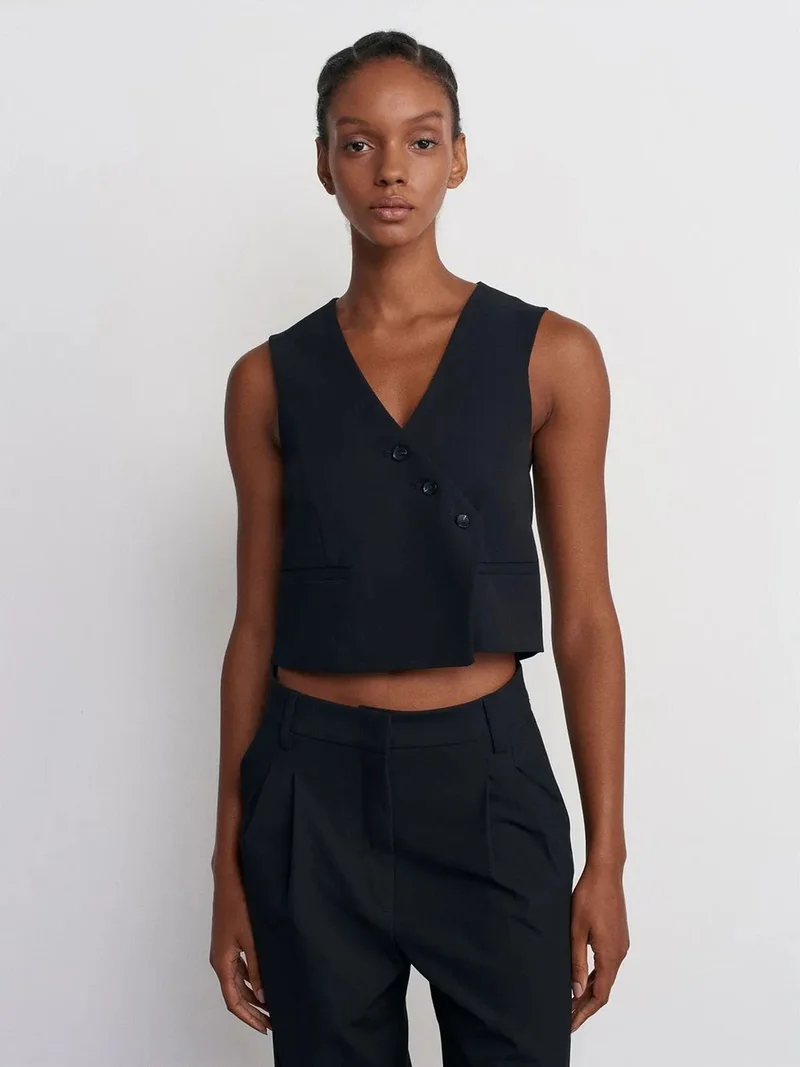 ديلفين Dilvin Crop Woven Waistcoat With Button Front