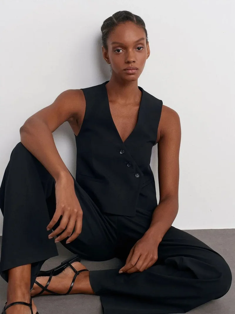 ديلفين Dilvin Crop Woven Waistcoat With Button Front