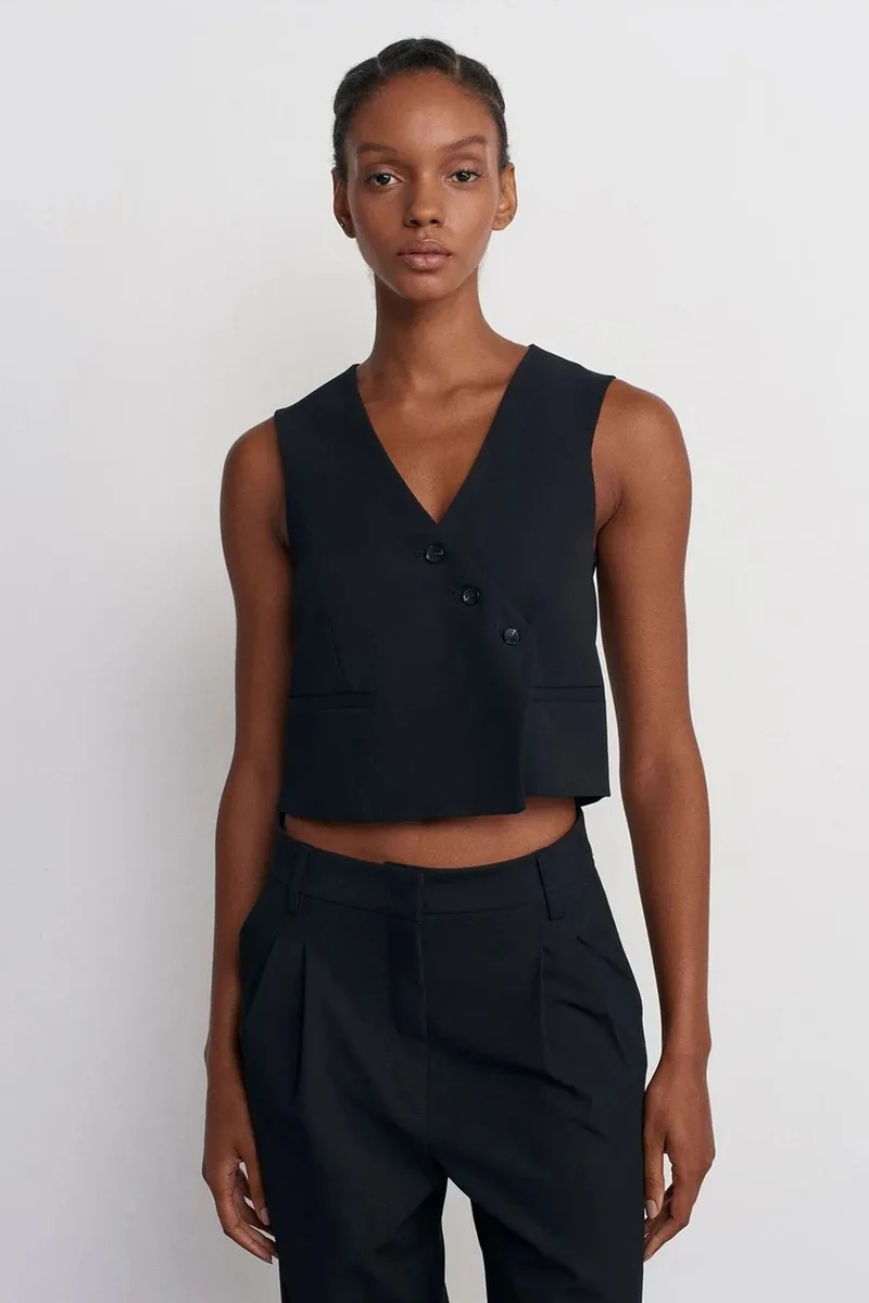 DILVIN Crop Woven Waistcoat With Button Front