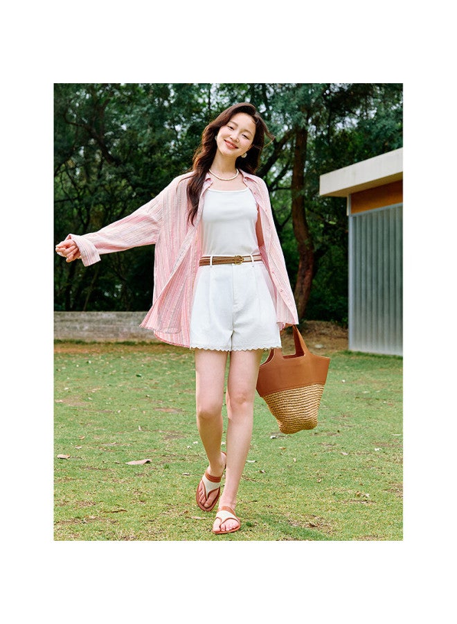 Inman Pure Cotton Casual High-waist Wide-leg Shorts  Summer New Women's Lace-trimmed Pleated Pants Cloud White XL - Image 2