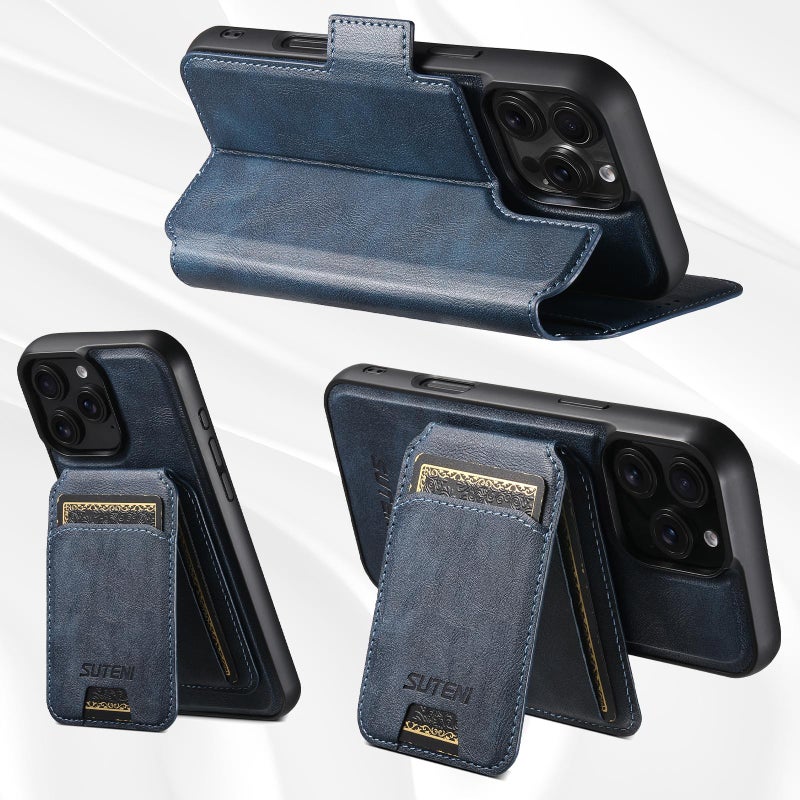 Suteni For Iphone 12 Q07S2 3-In-1 Detachable Vertical Flip Wallet Magsafe Splicing Leather Phone Case(Blue) - Image 3