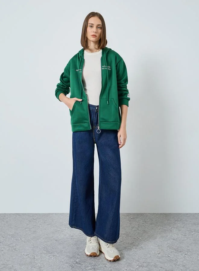 Styli Longline Slogan Print Zip Up Hoodie