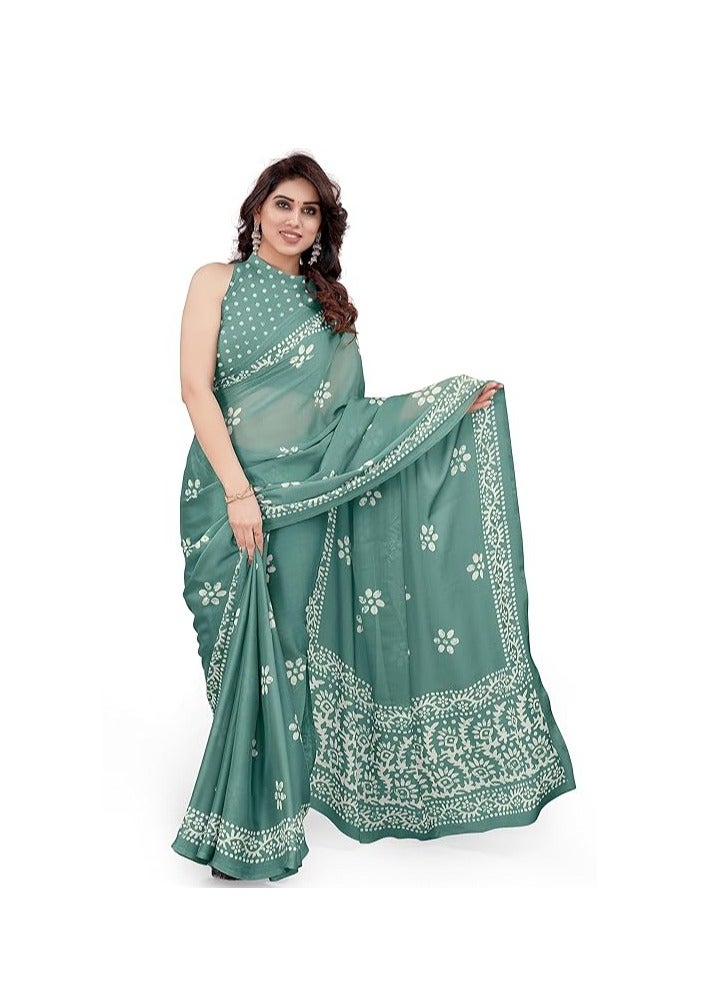 Accessorize Kingdom Women's Latest Chiffon Batik Printed Saree with Blouse Piece  - Image 1