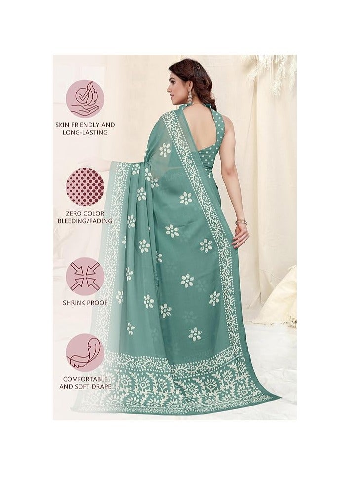 Accessorize Kingdom Women's Latest Chiffon Batik Printed Saree with Blouse Piece  - Image 3
