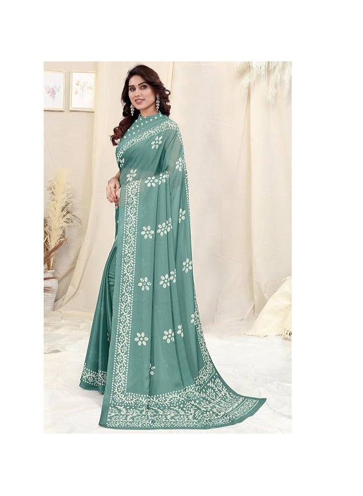 Accessorize Kingdom Women's Latest Chiffon Batik Printed Saree with Blouse Piece  - Image 4