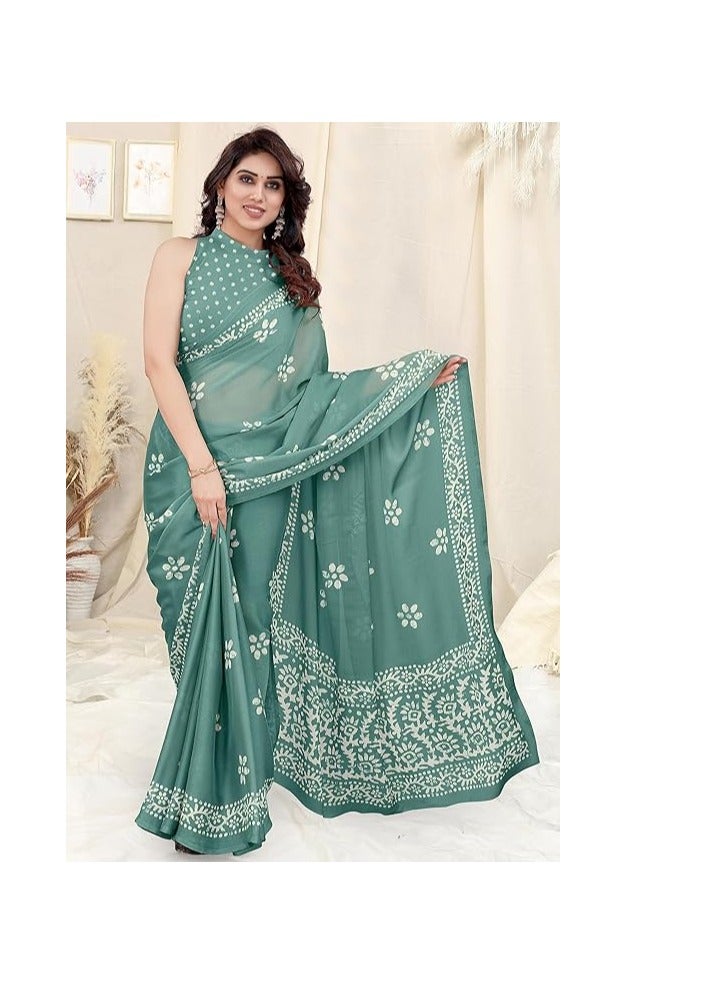 Accessorize Kingdom Women's Latest Chiffon Batik Printed Saree with Blouse Piece  - Image 5