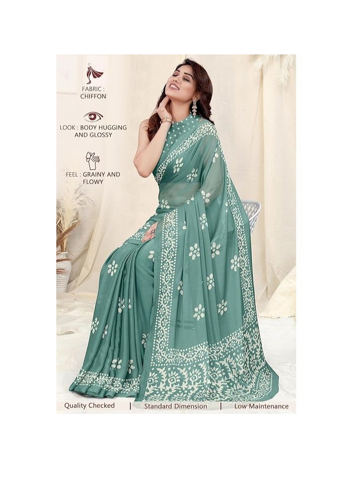 Accessorize Kingdom Women's Latest Chiffon Batik Printed Saree with Blouse Piece  - Image 2