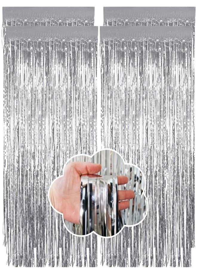 Shimmers Silver Foil Fringe Curtain Pack of 4 3x6 ft Metallic Tinsel Backdrop Baby Shower Anniversary Decoration Photo Booth Background Festival Events