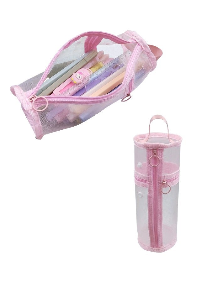 Large Capacity Pink Mesh Zipper Pencil Case, Stationery Bag for School Teenagers, Girls, Boys, and Women, Perfect for Organizing Pencils, Erasers, Rulers, and Travel Storage - Image 1