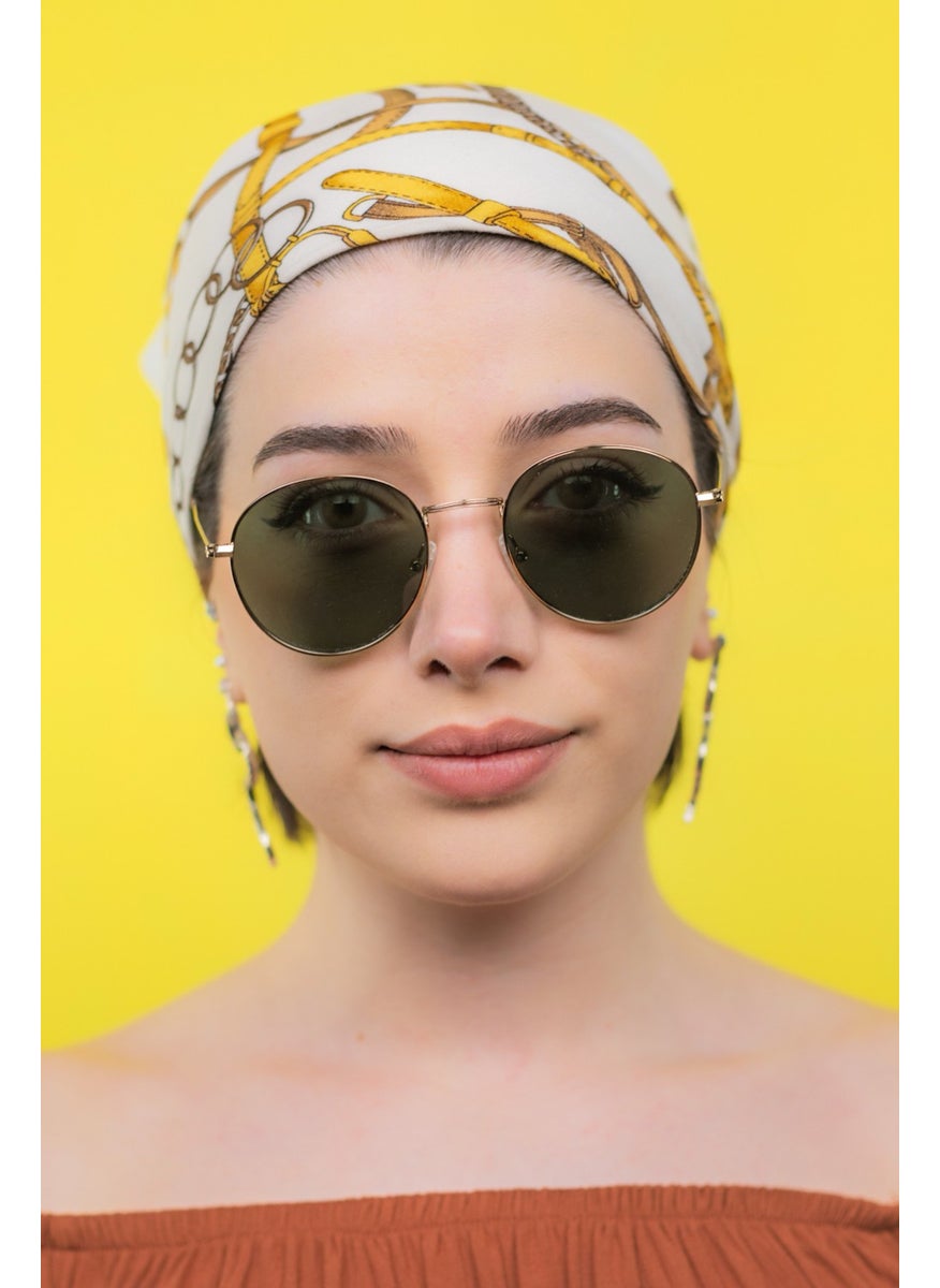 Focus On Round Gold Green Sunglasses  - Image 2