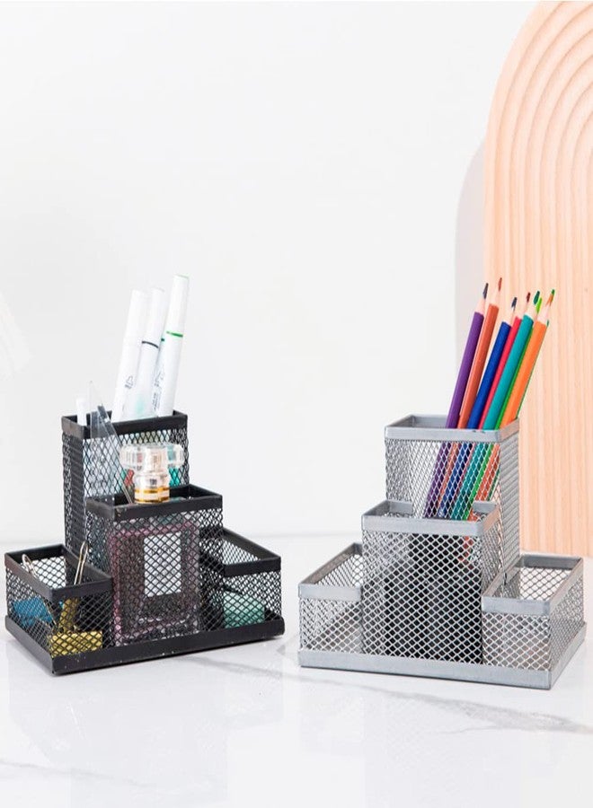 koofull 2 Packs Desk Organizer Desktop Mesh Pen Pencil Holder Caddy with 4 Compartments, Office Home School Classroom Accessories Cool Supplies (2Pcs Black) - Image 3